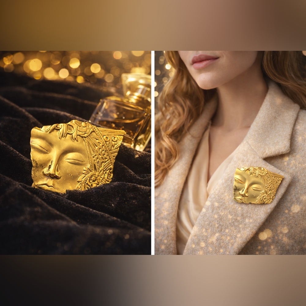 Vintage JJ Jonette Gold Tone Abstract Face Brooch Modernist Art Nouveau Style